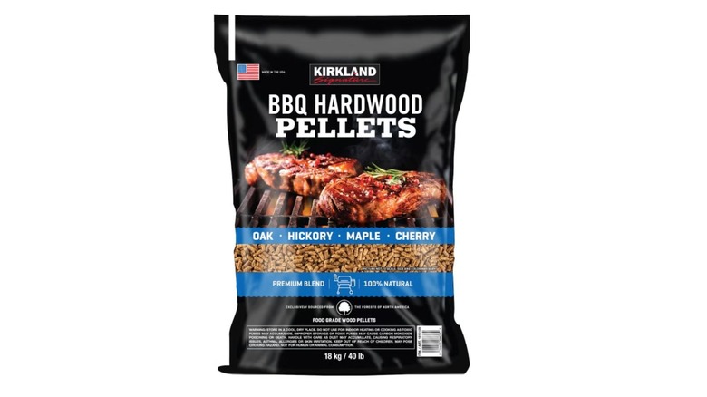 A package of Kirkland Signature BBQ Hardwood Pellets.