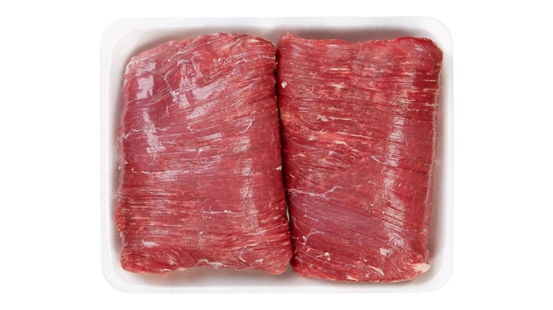 Flank steaks from Costco in a foam package.