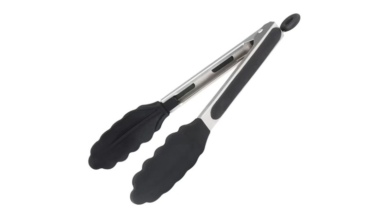 Black and silver Winco Tongs from Costco on a white background.