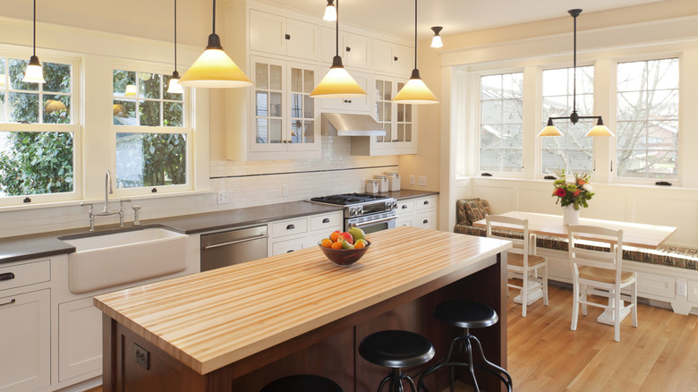 Bright breakfast nook with overhead lighting