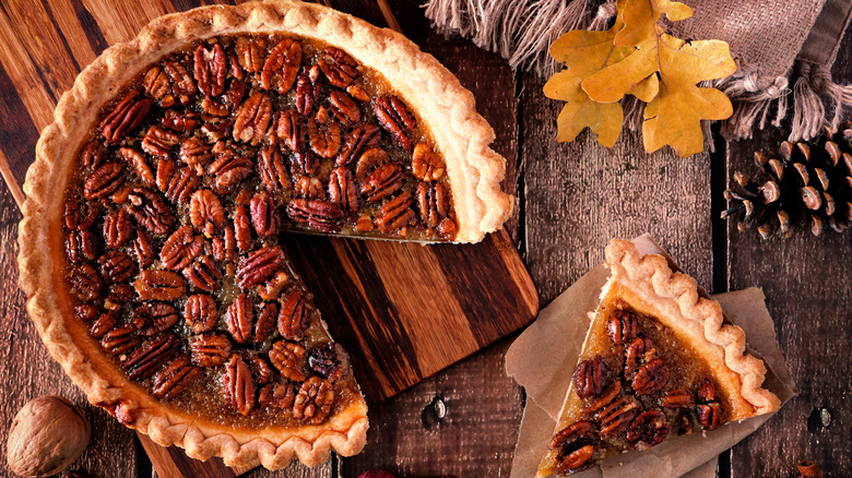 pecan pie with slice removed