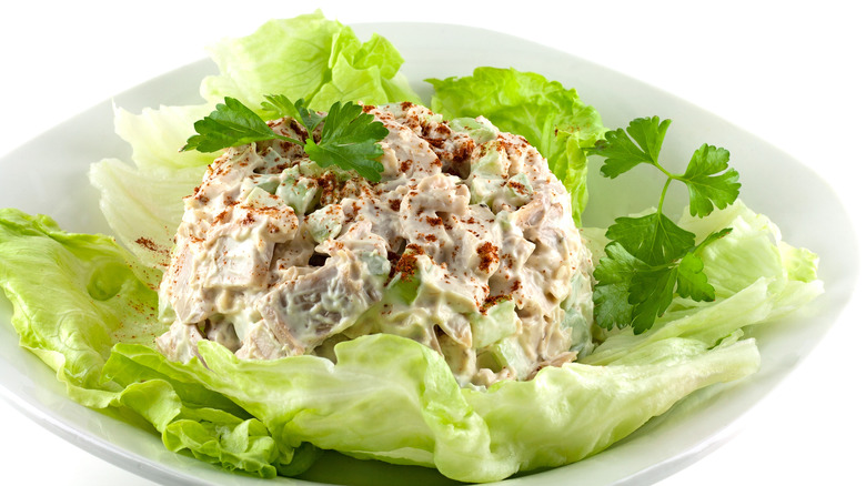 chicken salad on a bed of lettuce