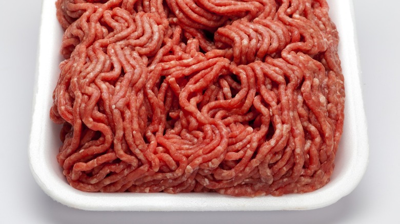 Close-up of ground beef in a styrofoam tray