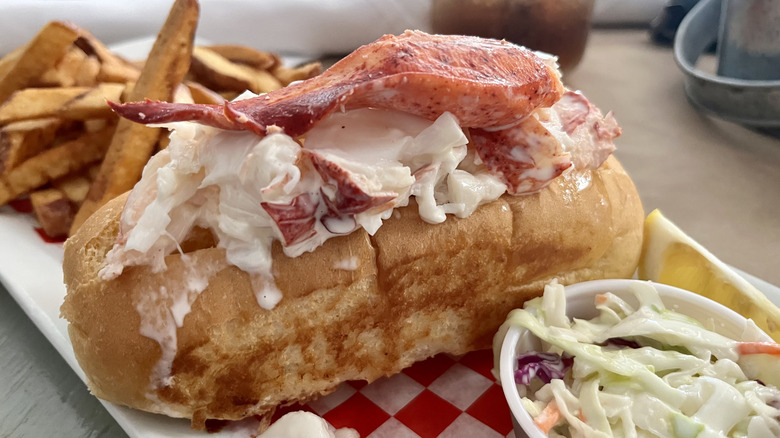 lobster roll with fries and coleslaw