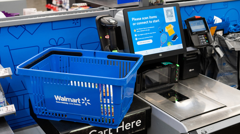 Walmart basket at a self checkout machine