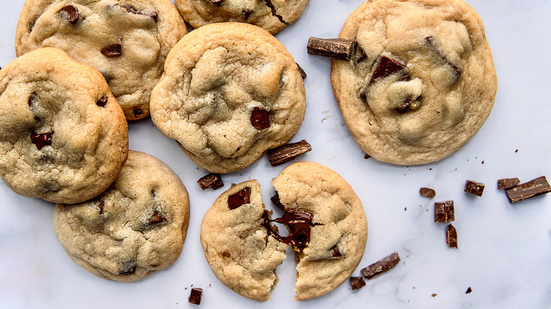 soft chocolate chip cookies on marble counter