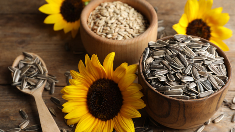 sunflowers and sunflower seeds displayed