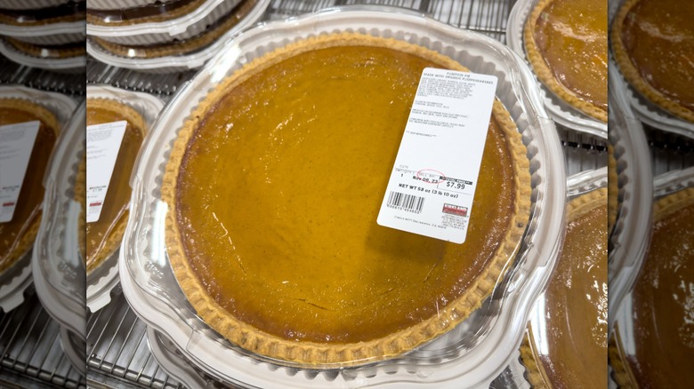 pumpkin pie in tin with price tag at Costco