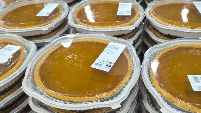 Stacks of Costco pumpkin pies