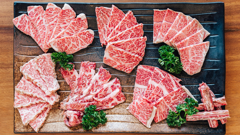 platter of wagyu beef slices