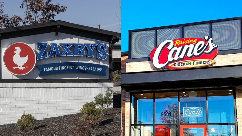 A Zaxby's sign and a Raising Cane's storefront side by side