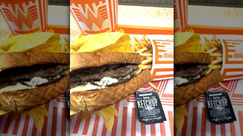 Whataburger patty melt, fries, and a drink