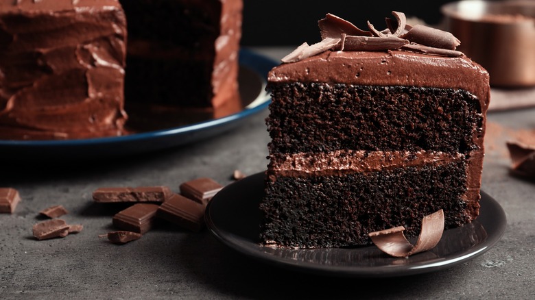 A slice of chocolate cake on a plate next to a whole cake