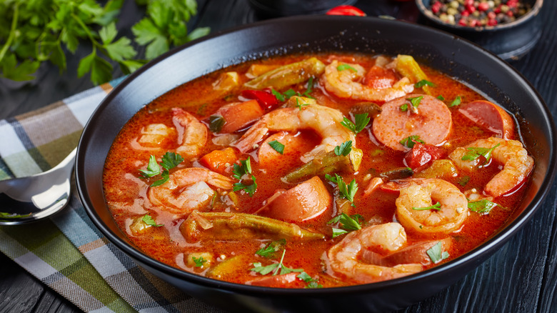 Pot of gumbo with shrimp