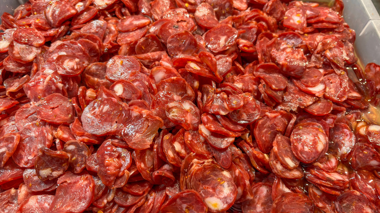 Heap of thinly sliced pepperoni