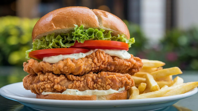 Fried chicken sandwich with fries.