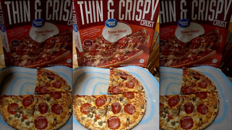 A box of Great Value Thin and Crispy Three Meat Pizza with a dish of a partially eaten pizza