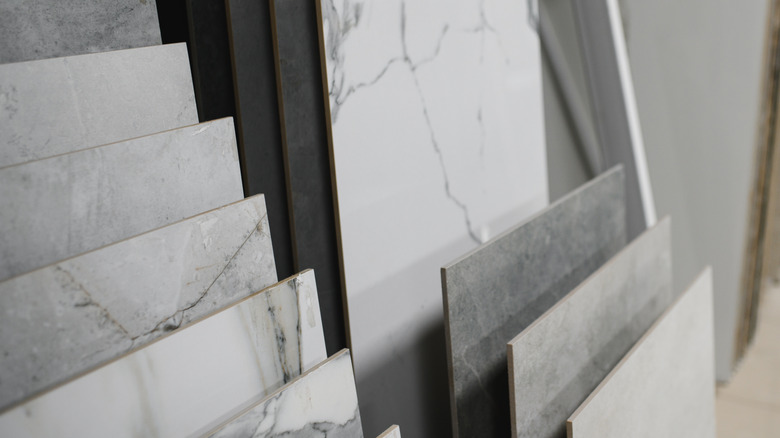 Close-up of different kitchen countertop materials on display
