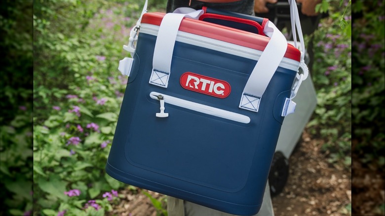 person carrying soft-sided RTIC cooler on hiking trail