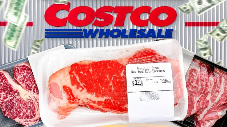 Costco logo with packages of meat and cash