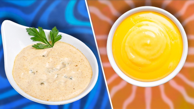 A dish of remoulade beside a dish of aioli
