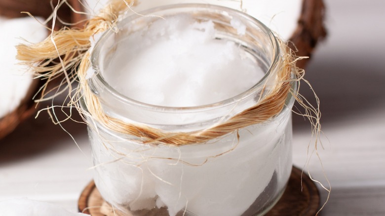 Close-up of a jar of coconut cream