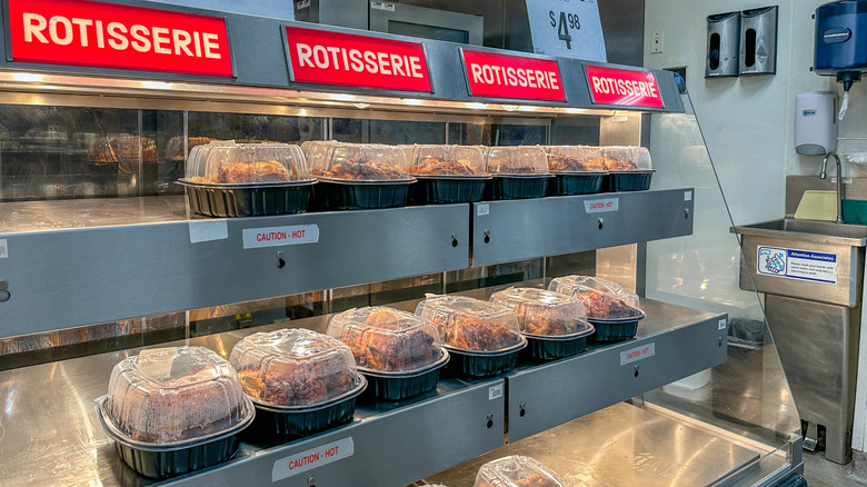 View of rotisserie chicken in the meat department at Sam's Club