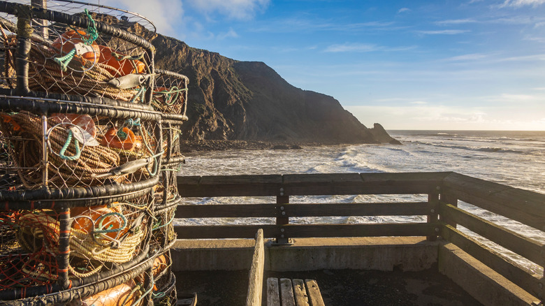 Stacked crab pots on the California coast