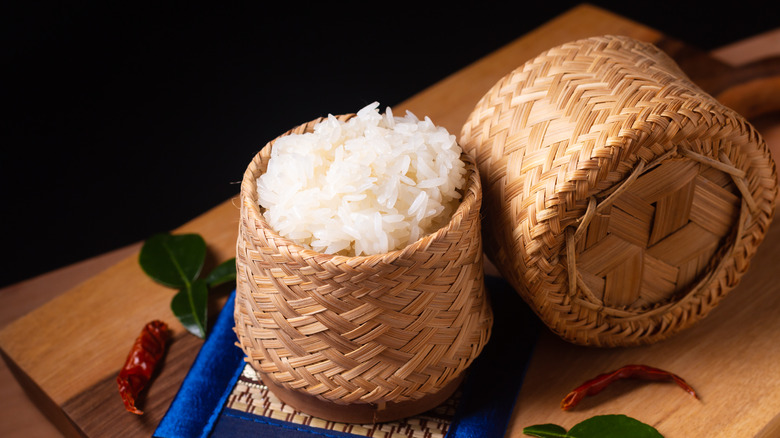 glutinous sticky rice in a woven basket