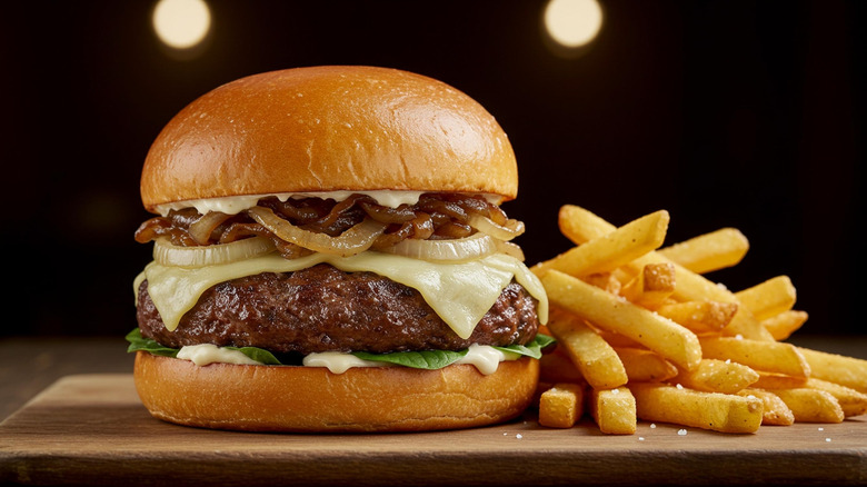 Burger with melted swiss cheese and caramelized onions and fries on the side