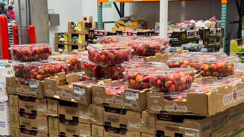 Costco strawberry clamshells stacked together.