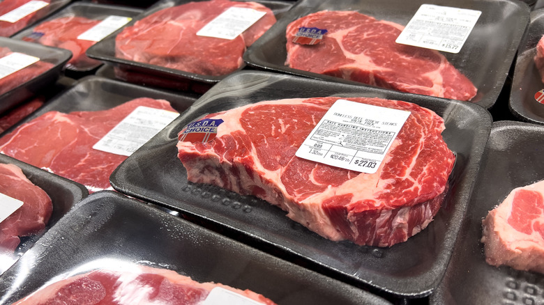 Packaged steaks for sale display