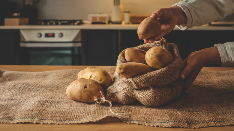 Hand holding a potato above a small burlap sack of potatoes