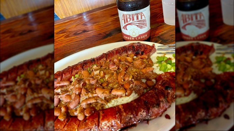 Red beans and rice with New Orleans-style sausage and a beer on the side