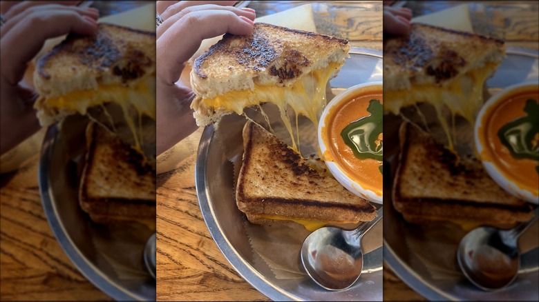 Hand lifting grilled cheese from a plate to show the stretchiness of the cheese