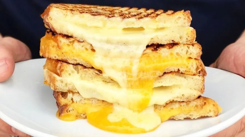 Hand holding a plate laden with four pieces of gooey grilled cheese
