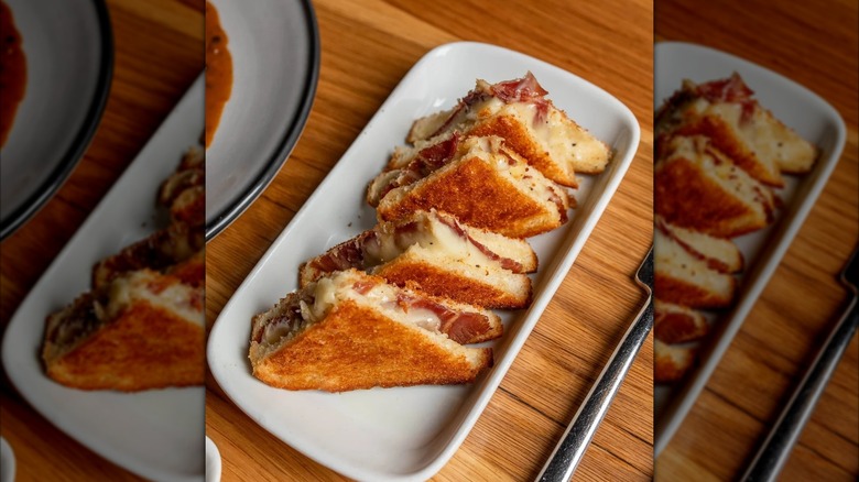 Bikini grilled cheese filled with white cheddar and jamón ibérico