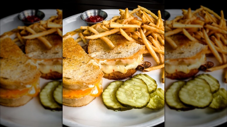 Grilled cheese cut in half, served on plate with fries, ketchup, and pickles