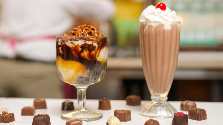 Sundae and milkshake with chocolates from Crown Candy Kitchen in St. Louis
