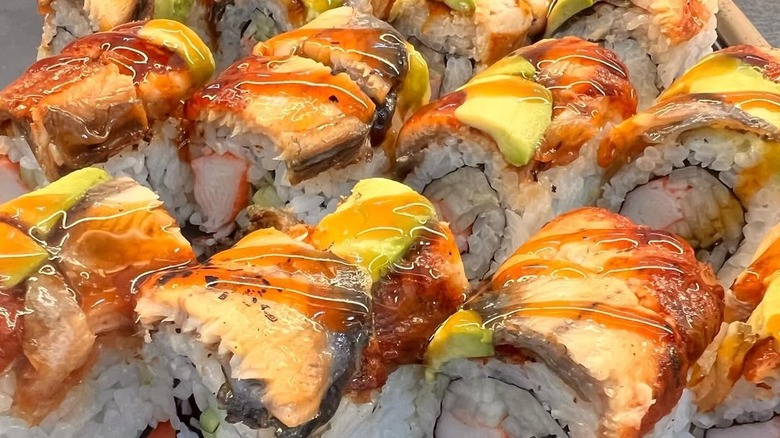 Closeup of eel sushi rolls