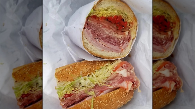 Cross-section and side of two halves of the Italian special sub on paper