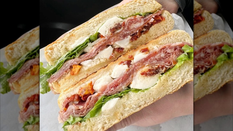 Hands holding the Luciano from Molinari Deli