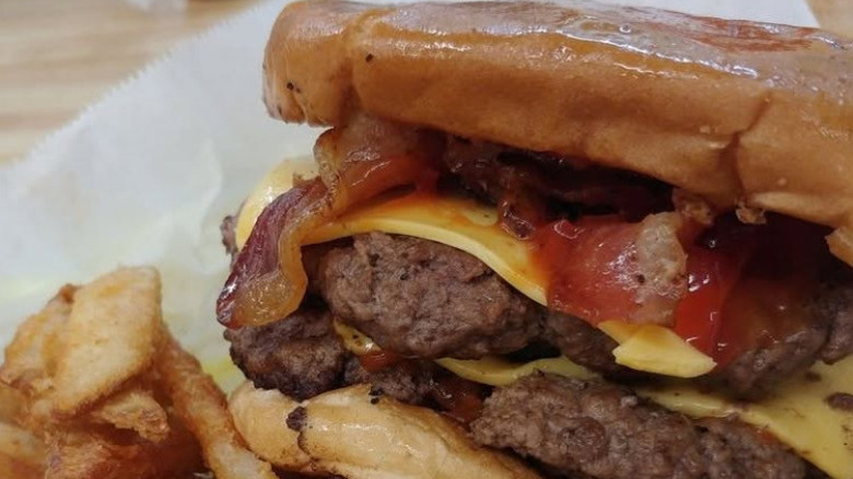 Close up of a burger with fries