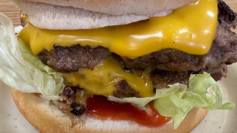 Double cheeseburger with lettuce and ketchup