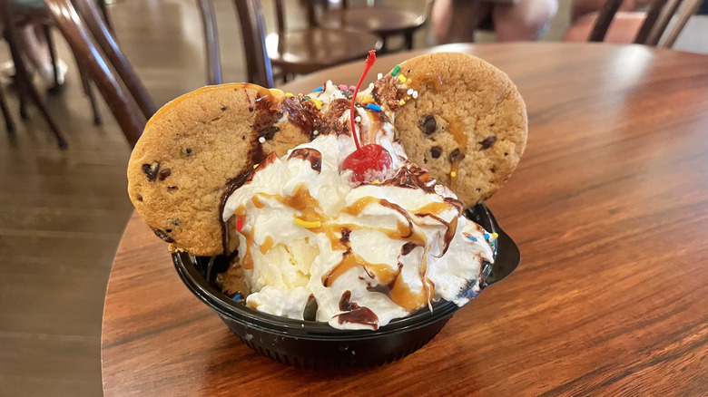 Cookie sundae from The Golden Horseshoe on a wooden table