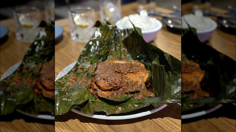 Fish pollichathu served on banana leaf
