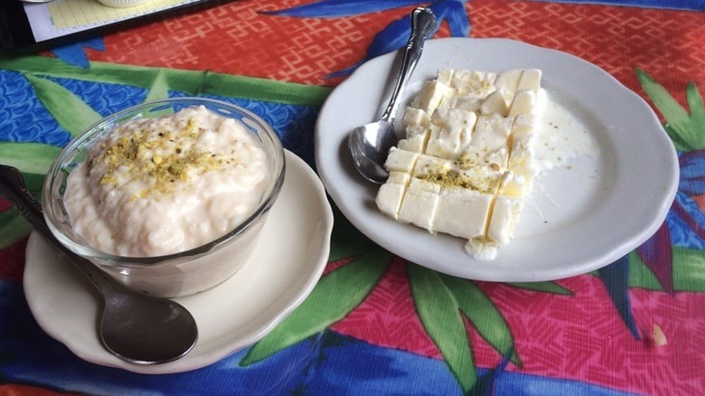 Bowl of kheer and block of ice cream on plate