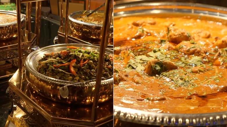 Indian buffet foods in silver bowls