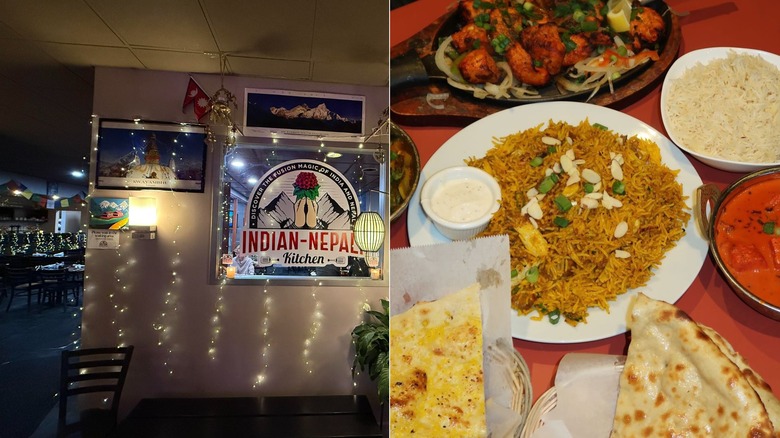 Indian restaurant interior and dinner spread