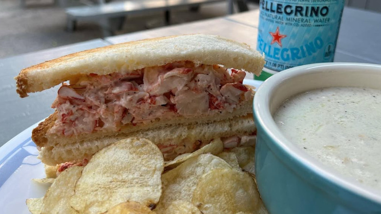 Alive and Kicking Lobsters lobster sandwich with chips and soup